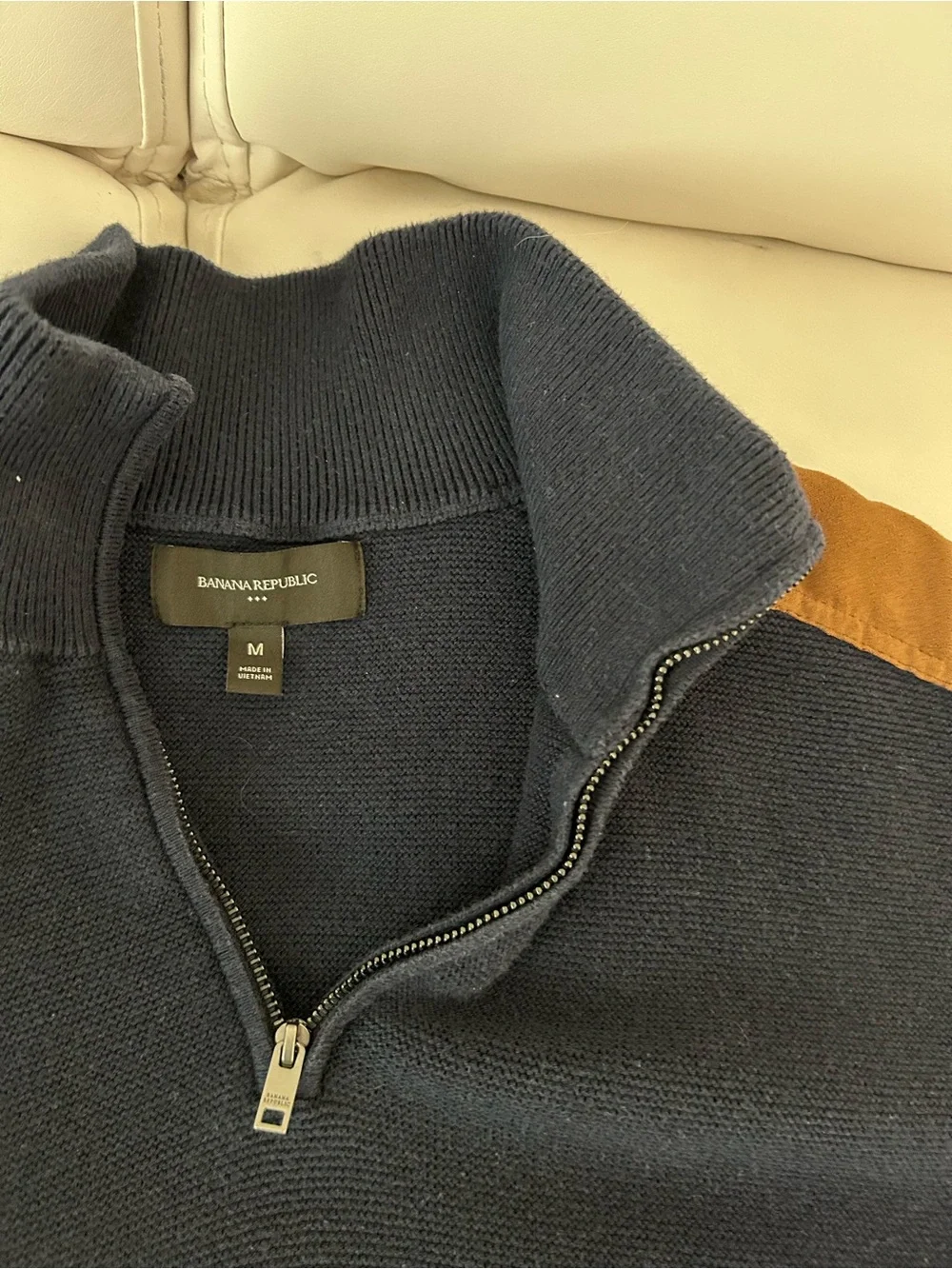 Banana Republic Navy Half-Zip Sweater with Brown Suede Shoulder Patches